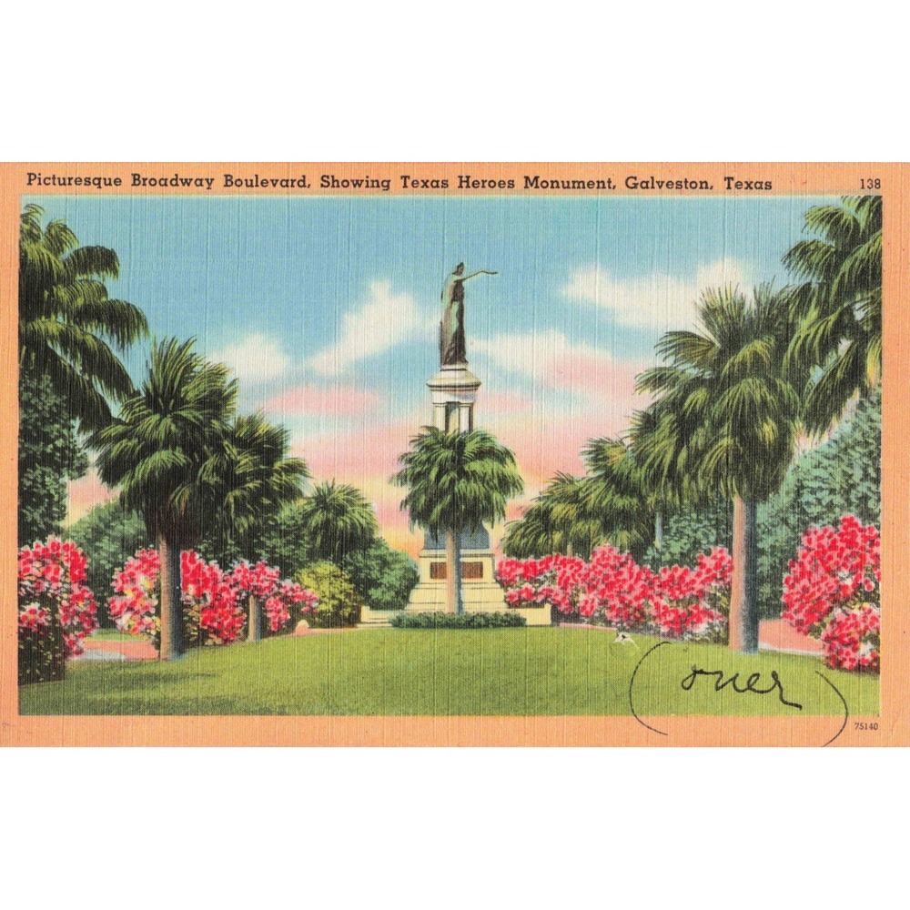 Galveston Texas Broadway Boulevard Texas Heroes Monument Vintage Linen Postcard